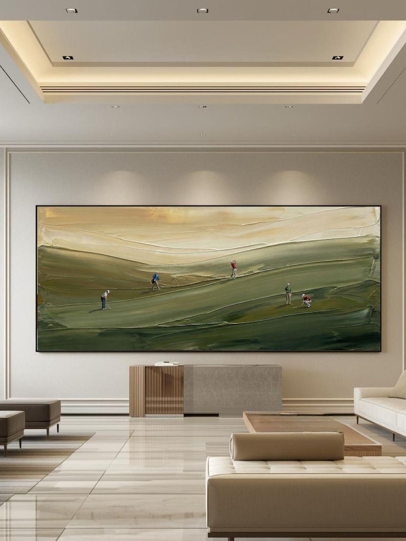 Modern golf abstract artwork with thick impasto texture and palette knife details in green tones.
