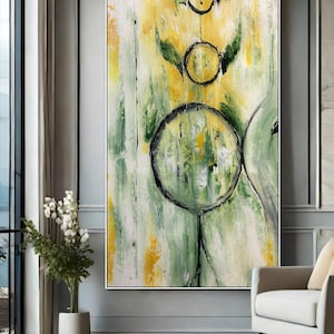Large Abstract Circular Art On Canvas Green Yellow Painting For Room Wall Decor, Oversized Green Yellow Wall Art Abstract Circular Painting