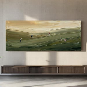 Handmade golf wall art featuring layered green textures and palette knife painting technique.