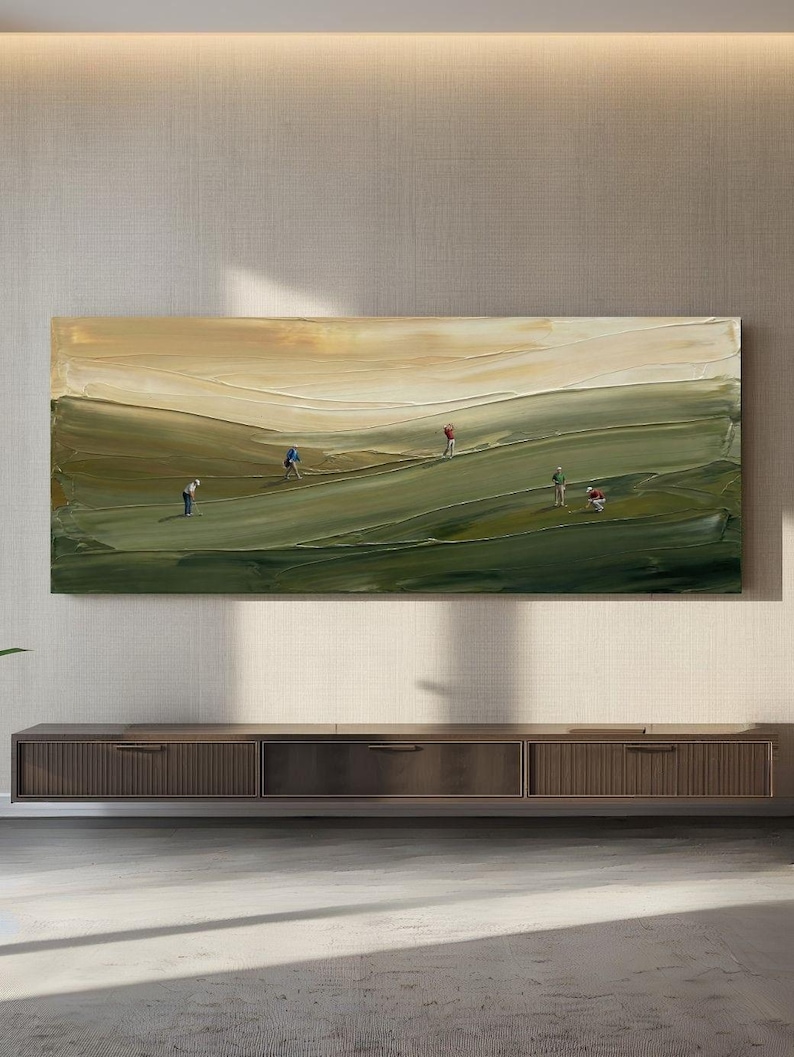 Handmade golf wall art featuring layered green textures and palette knife painting technique.