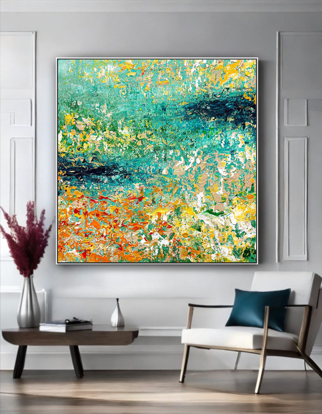 Green and Orange Abstract Painting on Canvas, Large Textured Wall Art ...