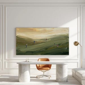 Green abstract golf landscape painting with heavy texture and contemporary sports decor feel.