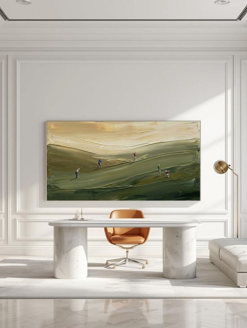 Green abstract golf landscape painting with heavy texture and contemporary sports decor feel.