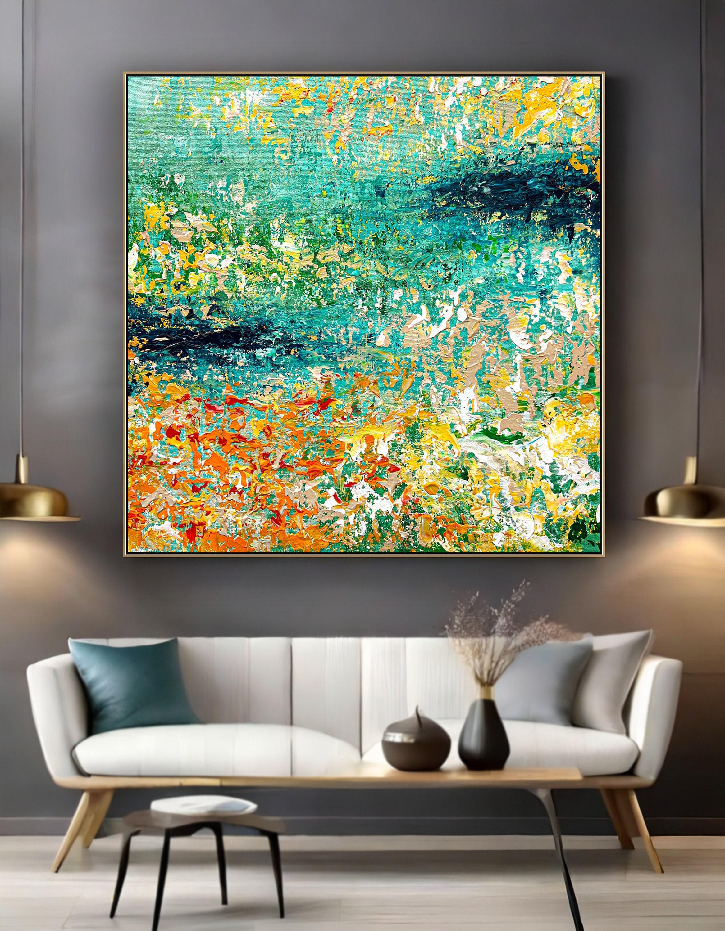 Green and Orange Abstract Painting on Canvas, Large Textured Wall Art ...