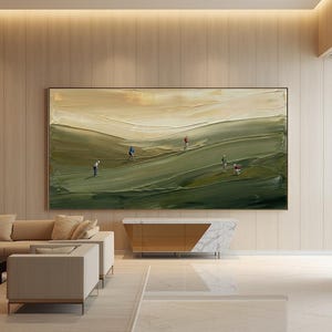 Large textured golf painting showing abstract green landscape, perfect for home or office decor.