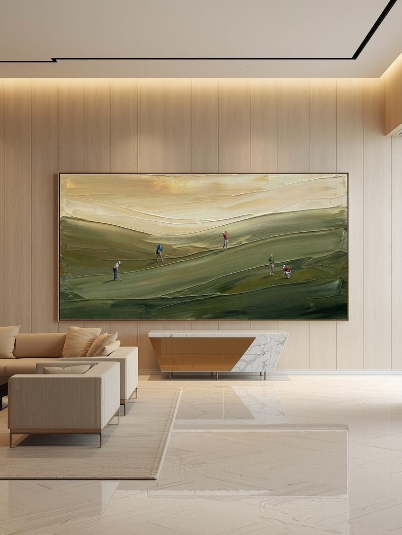 Large textured golf painting showing abstract green landscape, perfect for home or office decor.