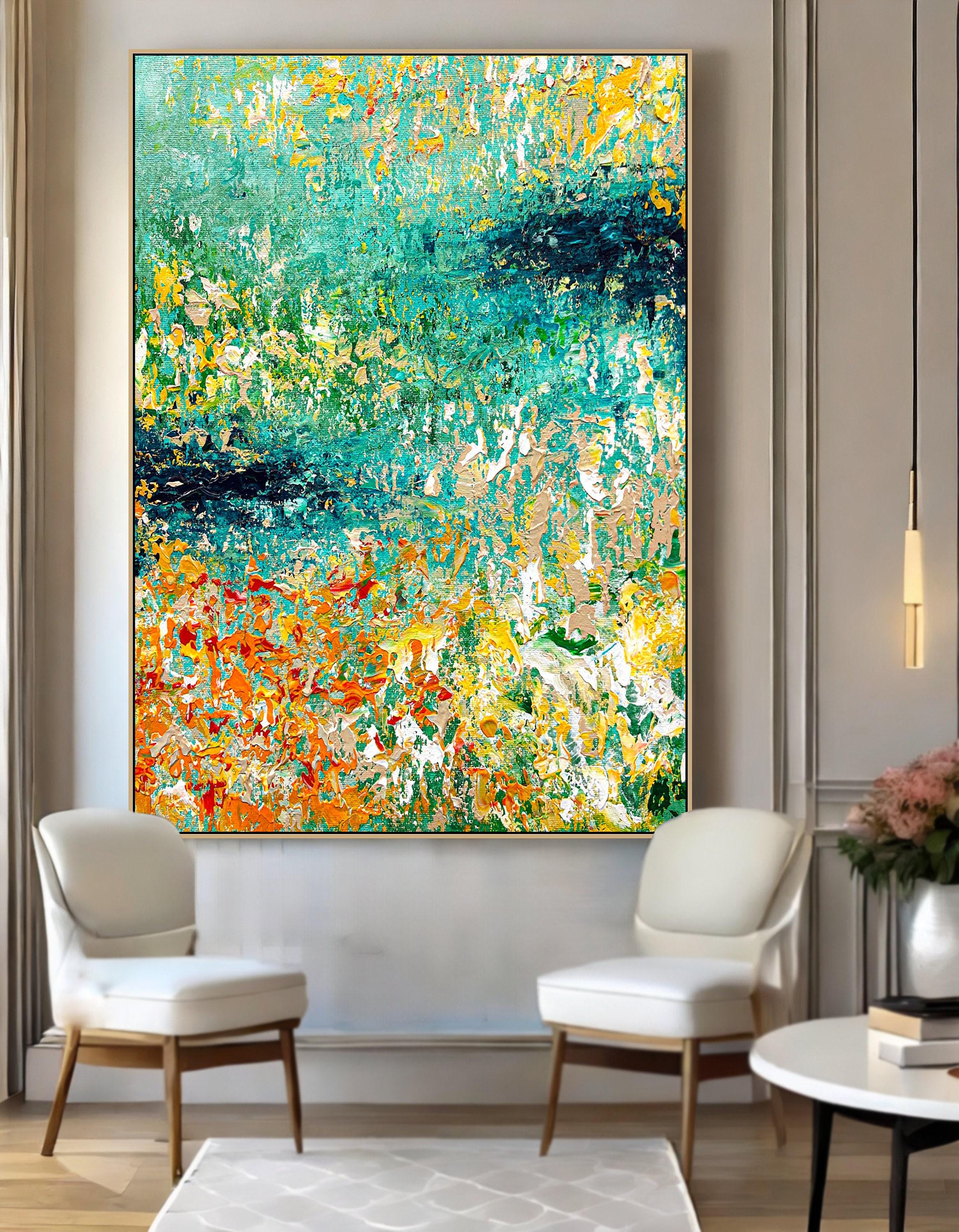 Green and Orange Abstract Painting on Canvas, Large Textured Wall Art ...