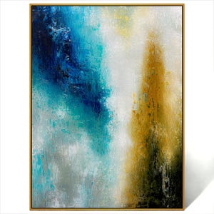 Wall Hanging Blue Gold Art On Canvas Abstract Textured Painting, Unique Large Texture Wall Art Abstract blue Gold Painting On Canvas