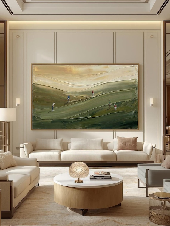 Golf Abstract Textured Painting, Handmade Palette Knife Green Landscape, Large Contemporary Golf Wall Art for Home & office decor