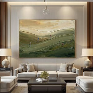 Contemporary handmade golf art with rich green palette knife strokes and textured finish.