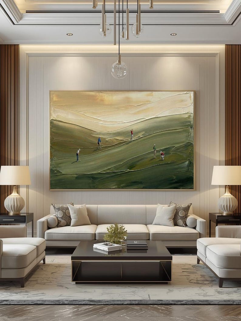 Contemporary handmade golf art with rich green palette knife strokes and textured finish.
