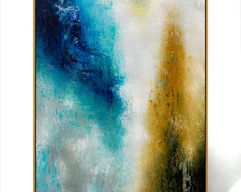 Wall Hanging Blue Gold Art On Canvas Abstract Textured Painting, Unique Large Texture Wall Art Abstract blue Gold Painting On Canvas