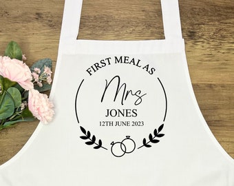 Wedding Apron - Bride Groom’s First Meal as | Bridal Bib | Bride Apron | Bride Bib | Personalised Wedding Aprons | Mr and Mrs | Wedding Bib