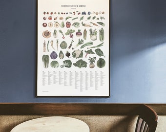 Saisonkalender handgezeichnete Illustrationen, regionales Obst & Gemüse, Naturpapier, DIN A2 Bild Poster Küche, nachhaltiges Geschenk