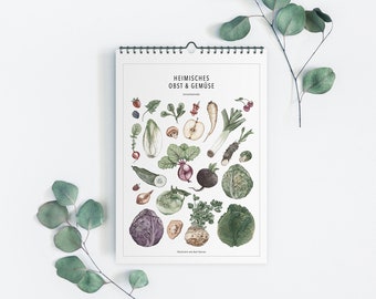 Saisonkalender gezeichnet, A4, regionales Obst & Gemüse, gedruckt auf Naturpapier, schöner Küchenkalender, Geschenkidee