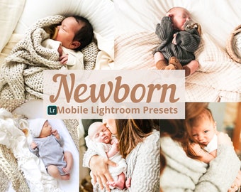 May include: A collage of newborn babies, each in different poses and settings. The images feature babies wrapped in blankets, wearing hats, and being held. The text "Newborn Mobile Lightroom Presets" is overlaid on the images.