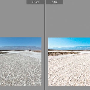 May include: A landscape photograph of a desert scene under a clear blue sky. The foreground features a textured, white salt flat, with distant mountains and a few people visible in the background. The image is split, with the left side labeled "Before" and the right side labeled "After".