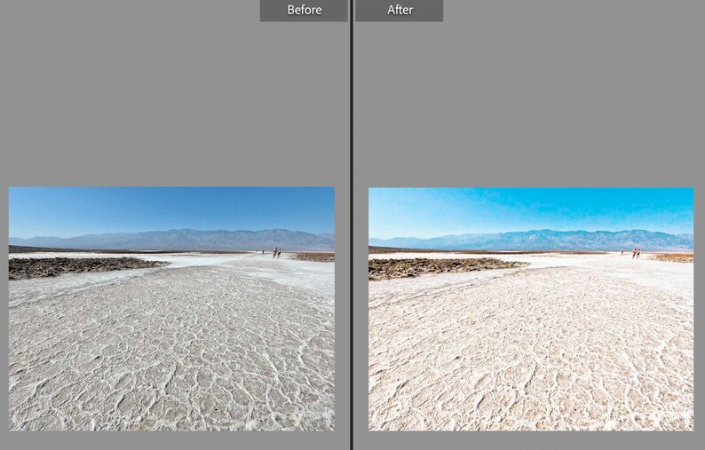 May include: A landscape photograph of a desert scene under a clear blue sky. The foreground features a textured, white salt flat, with distant mountains and a few people visible in the background. The image is split, with the left side labeled "Before" and the right side labeled "After".