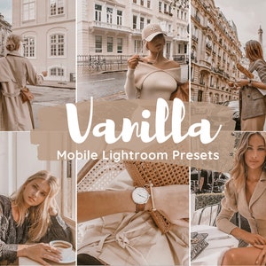 May include: A collage of images with a warm, neutral color palette. The images feature women in various settings, showcasing fashion and lifestyle themes. The text "Vanilla Mobile Lightroom Presets" is overlaid on the images.