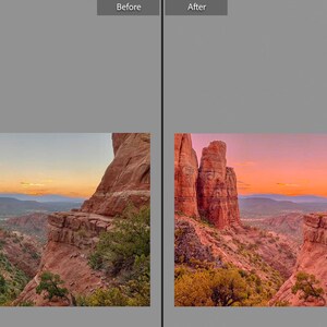 May include: A landscape photograph of a canyon at sunset. The image shows tall, red rock formations framing a valley with green vegetation. The sky transitions from orange to pink and blue.