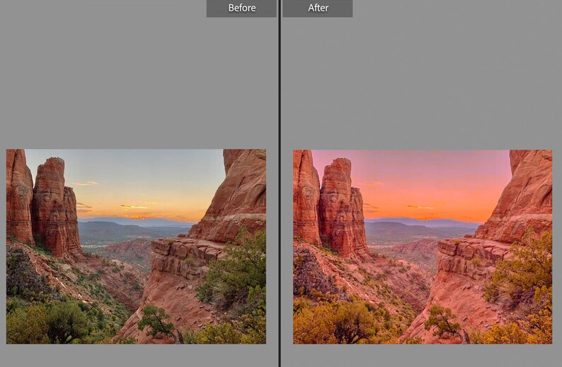 May include: A landscape photograph of a canyon at sunset. The image shows tall, red rock formations framing a valley with green vegetation. The sky transitions from orange to pink and blue.