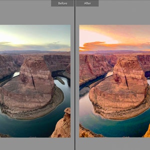 May include: A scenic landscape featuring a large, horseshoe-shaped canyon carved by a river. The canyon walls are reddish-brown, and the water is a deep turquoise. The sky transitions from blue to orange, suggesting sunrise or sunset.