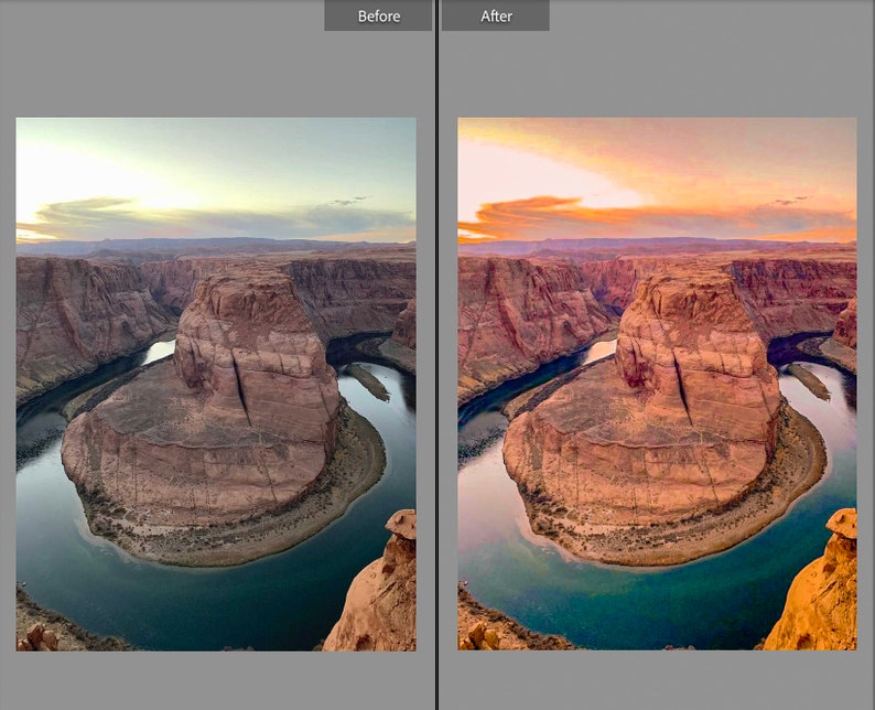 May include: A scenic landscape featuring a large, horseshoe-shaped canyon carved by a river. The canyon walls are reddish-brown, and the water is a deep turquoise. The sky transitions from blue to orange, suggesting sunrise or sunset.