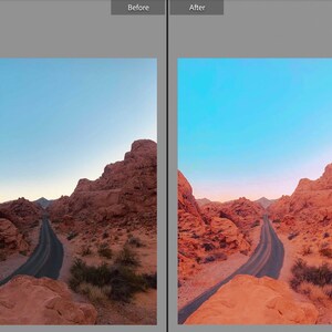 May include: A scenic landscape featuring a winding road through a canyon. The image shows a before and after comparison, with the 'before' image having a more muted color palette and the 'after' image with enhanced colors. The sky is blue, and the canyon walls are reddish-brown.