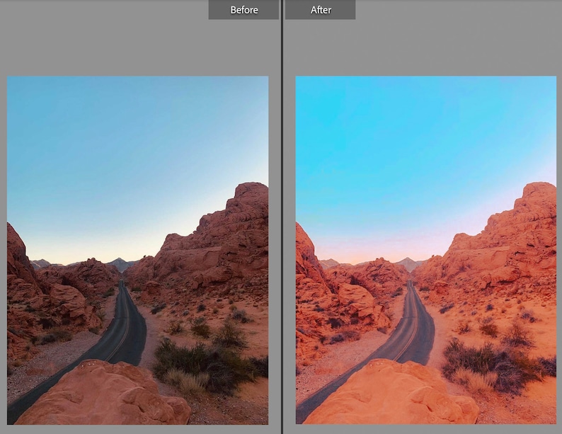 May include: A scenic landscape featuring a winding road through a canyon. The image shows a before and after comparison, with the 'before' image having a more muted color palette and the 'after' image with enhanced colors. The sky is blue, and the canyon walls are reddish-brown.