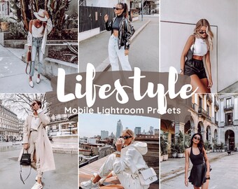 May include: A collage of six lifestyle photos featuring various outfits and settings. The word "Lifestyle" is displayed in large white script, with "Mobile Lightroom Presets" below. The images showcase diverse fashion styles, including casual and chic ensembles.
