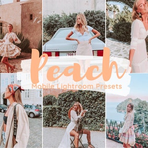 Pode incluir: Uma colagem de imagens com uma sobreposição de cor pêssego, apresentando mulheres em vários ambientes. O texto "Peach Mobile Lightroom Presets" está sobreposto. As imagens mostram diferentes roupas e locais, com uma paleta de cores quentes.