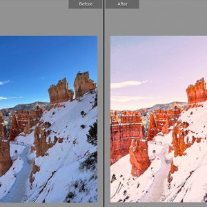 May include: A landscape photograph of a canyon with snow-covered slopes and tall, orange rock formations. The sky is a clear blue. A path winds through the canyon, and the image is labeled "Before" and "After".