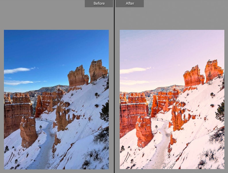 May include: A landscape photograph of a canyon with snow-covered slopes and tall, orange rock formations. The sky is a clear blue. A path winds through the canyon, and the image is labeled "Before" and "After".