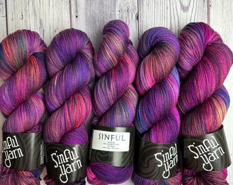 Sinful | Hand dyed yarn | dark rainbow | Gothic yarn | super wash merino wool | DK weight | 4 ply