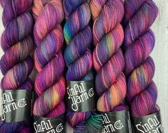 Sinful | Hand dyed yarn | Rainbow yarn | Super wash merino wool | DK weight | Gothic | 4 ply