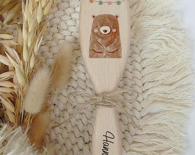 Personalized Baby Hairbrush, Brush for Babies, Goat Hair, Wooden Brush, Gift for Birth, FSC-Certified Wood, Bear, Animal Motifs