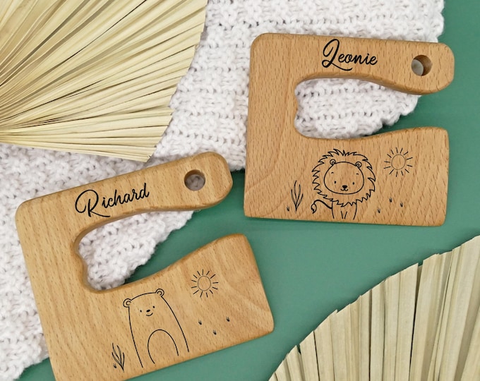 Montessori knife, children, personalized, children's knife wood, practice knife with name, Montessori knife, wooden knife with engraving, lion, bear