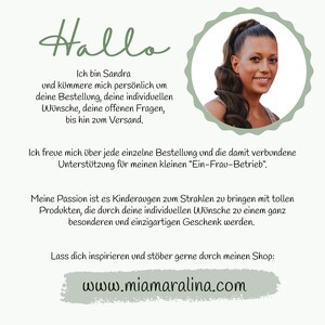 May include: A woman smiles warmly in a close-up portrait. The text reads "Hallo" and "Ich bin Sandra" and continues with a message about personalized orders and customer service. The website address "www.miamaralina.com" is displayed at the bottom.