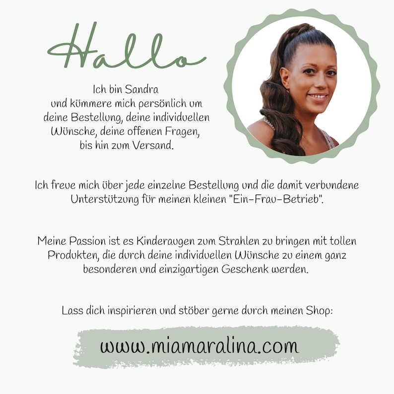 May include: A woman smiles warmly in a close-up portrait. The text reads "Hallo" and "Ich bin Sandra" and continues with a message about personalized orders and customer service. The website address "www.miamaralina.com" is displayed at the bottom.