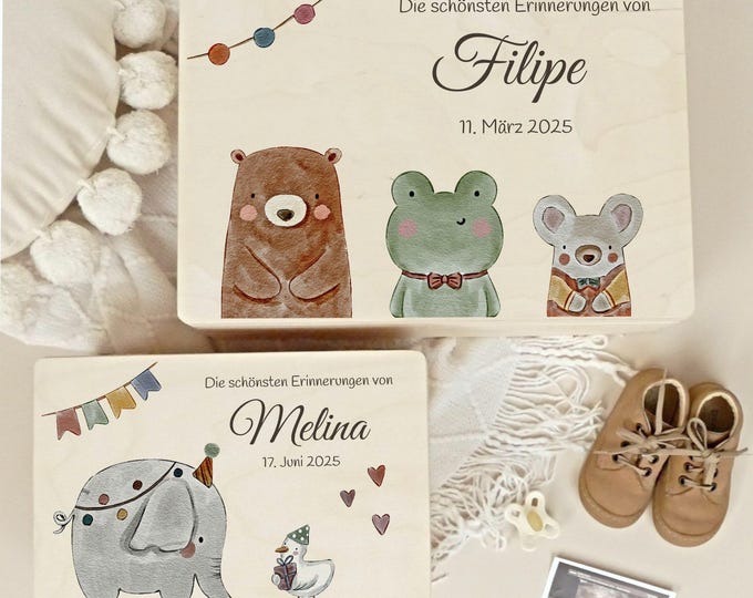 Personalized memory box, baby, birth gift, keepsake box, childhood memories, bear, elephant, animals, little miracle