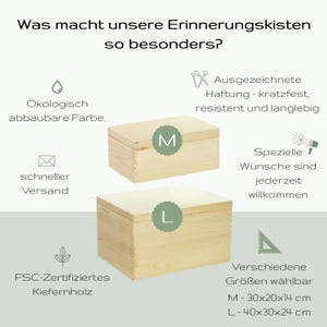 May include: Two wooden memory boxes, one labeled "M" and the other "L", with dimensions listed below. The boxes are made of FSC-certified pinewood and have a scratch-resistant finish.  M - 30x20x14 cm, L - 40x30x24 cm.