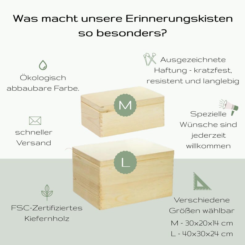 May include: Two wooden memory boxes, one labeled "M" and the other "L", with dimensions listed below. The boxes are made of FSC-certified pinewood and have a scratch-resistant finish.  M - 30x20x14 cm, L - 40x30x24 cm.