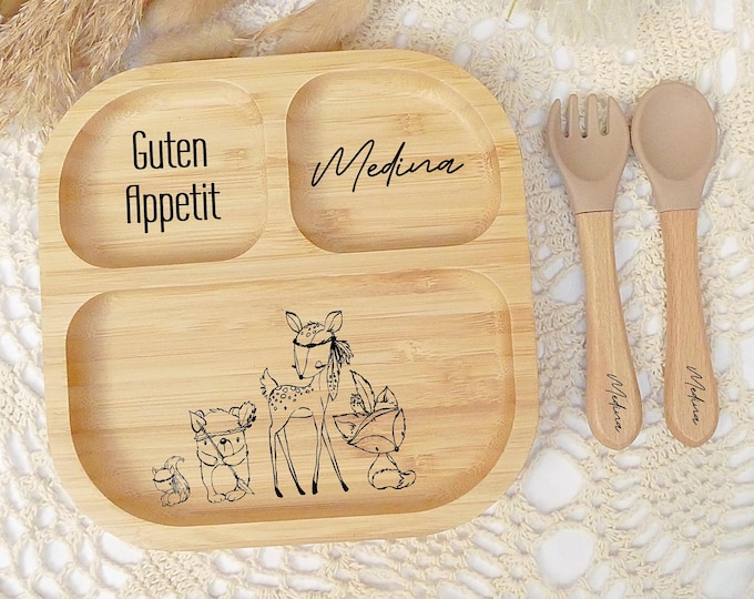 Personalized children's plate, baby plate with suction cup, bamboo plate with name, plate with engraving, children's cutlery set, baby cutlery silicone