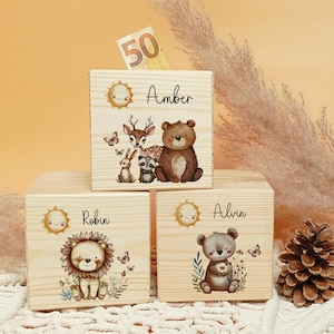Spardose, Holz, personalisiert, Kinder, Löwe, Waldtiere, Bär, Holzspardose mit Namen, Kinderspardose, Metallschloss mit Schlüssel, Würfel