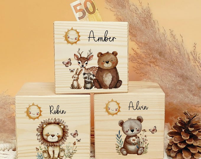 Money box, wood, personalized, children, lion, forest animals, bear, wooden money box with name, children's money box, metal lock with key, cube