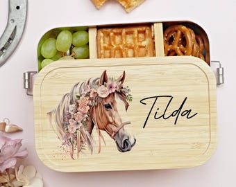 Lunchbox, paard, gepersonaliseerd, kinderen, meisje, lunchbox, broodtrommel, paard meisje, bamboe en roestvrij staal, cadeau voor schoolinschrijving