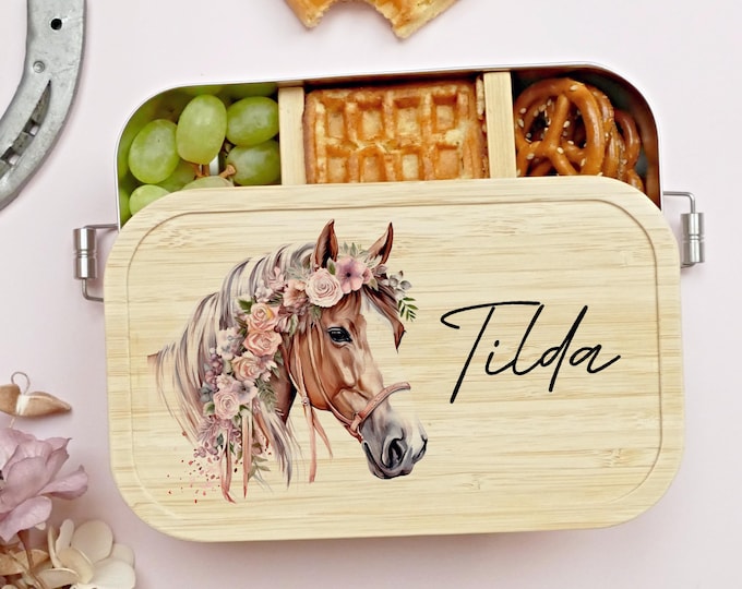 Lunch box, horse, personalized, children, girl, lunch box, bread box, horse girl, bamboo and stainless steel, gift for school enrollment