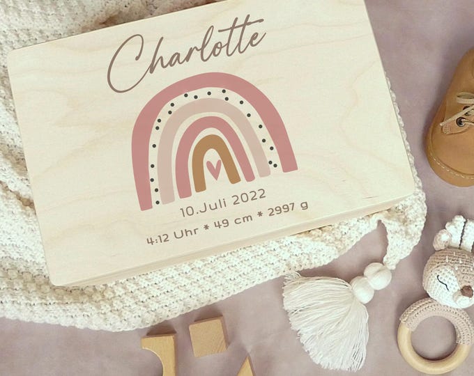 Memory box, keepsake box, personalized, baby, birth gift, baby present, wooden box, rainbow, girl
