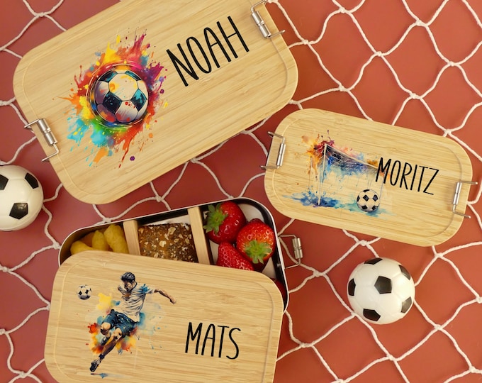 Lunch box, football, personalized, children, boys, lunch box, bread box, bamboo and stainless steel, lunch box, gift for school enrollment