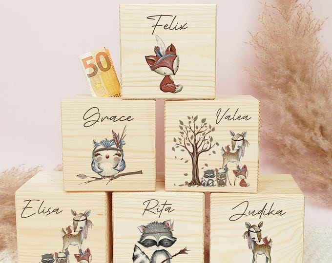 Money box, children, forest animals, personalized, children's money box wood, personalized wooden money box, metal lock with key, deer, fox